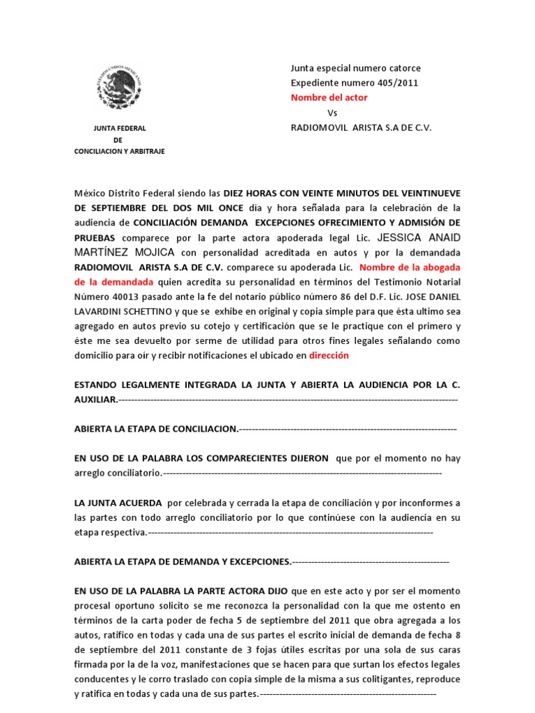 Audiencia de Conciliacion Demanda Excepciones Ofrecimiento y Admision de  Pruebas Con Logo | PDF | Instituciones sociales | Ciencias sociales