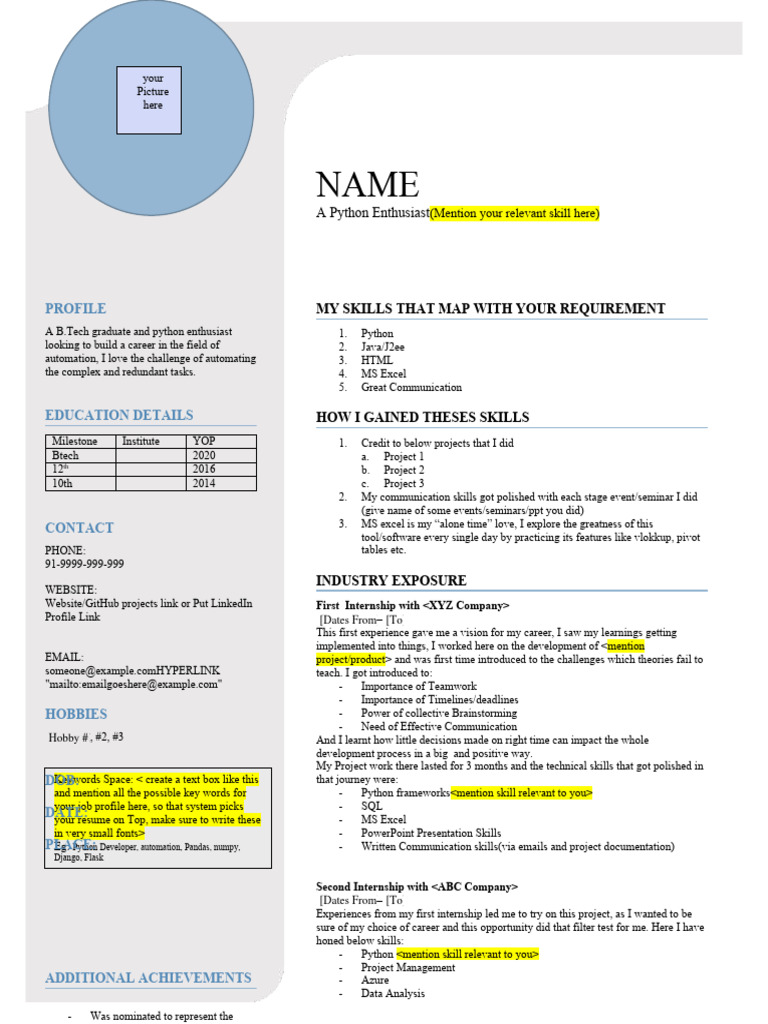 Technical Fresher Resume Template | PDF | Python (Programming Language ...