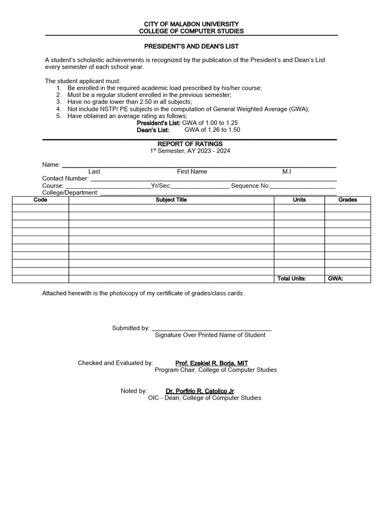 President's and Dean's List Criteria | PDF | Career & Growth | Business