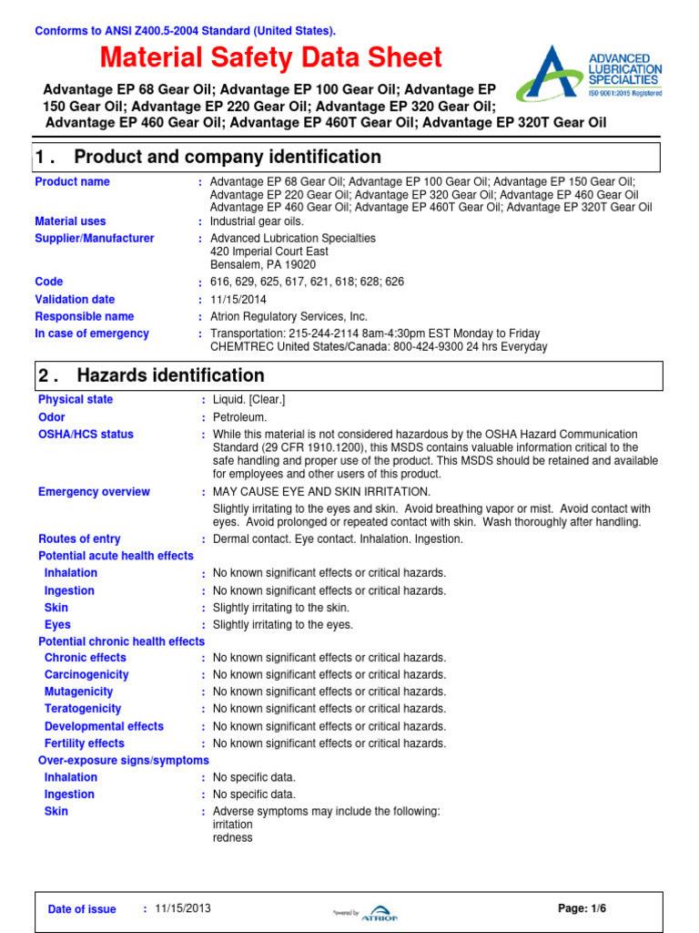 Advantage EP Gear Oil MSDS Overview | PDF | Dangerous Goods ...