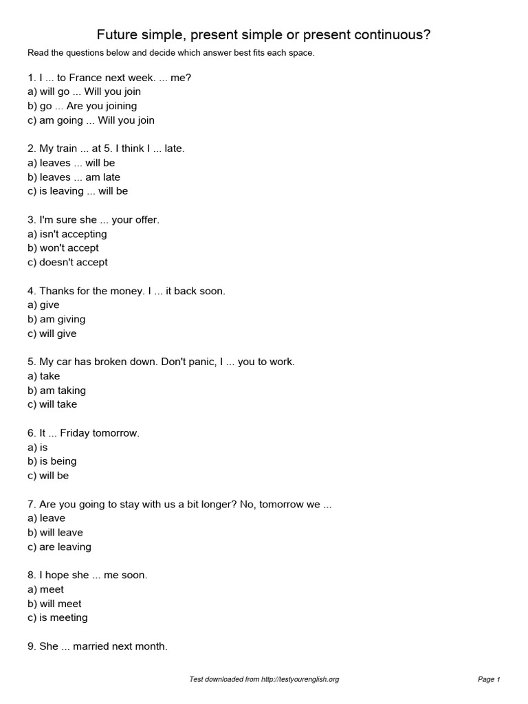 Future and Present Tense Quiz | PDF