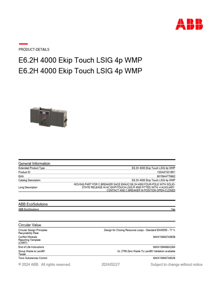 E6.2H 4000 Ekip Touch LSIG Breaker | PDF | Waste Management | Materials