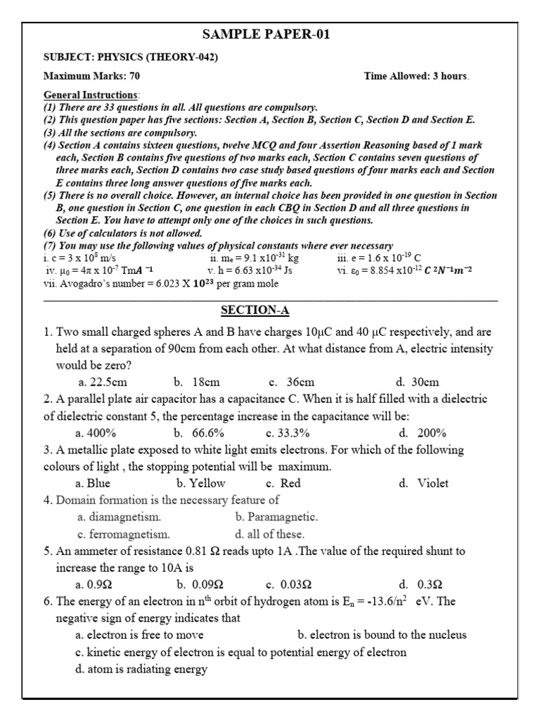 Class 12 Physics Sample Paper 2023-24 | PDF | Valence And Conduction ...