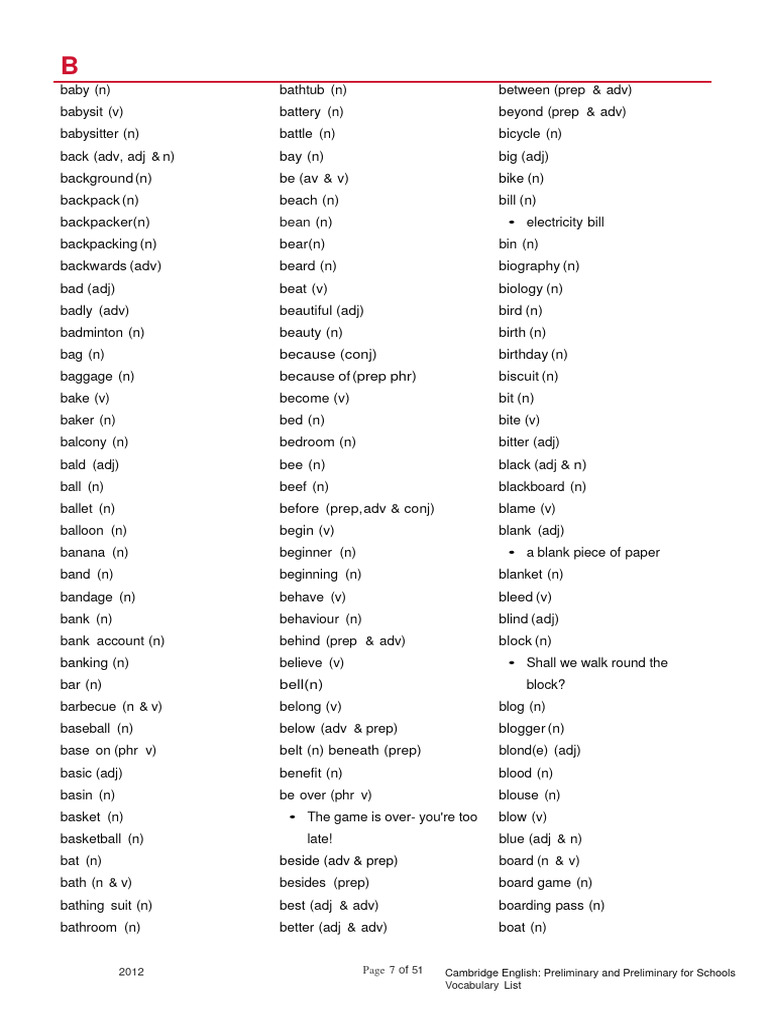 Vocabulary List Cambridge