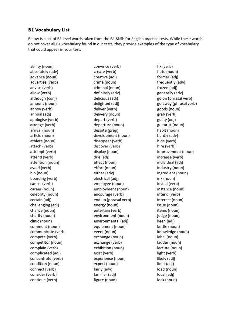 B1 Vocabulary List Final PDF Verb