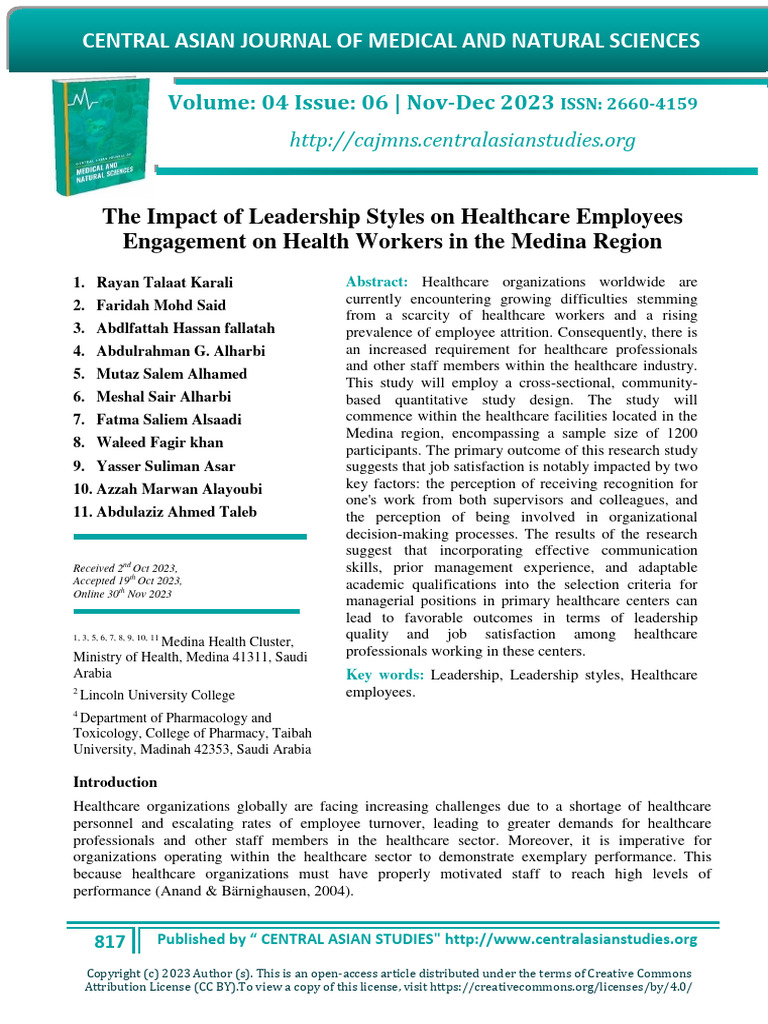 The Impact Of Leadership Styles On Healthcare Employees Engagement On