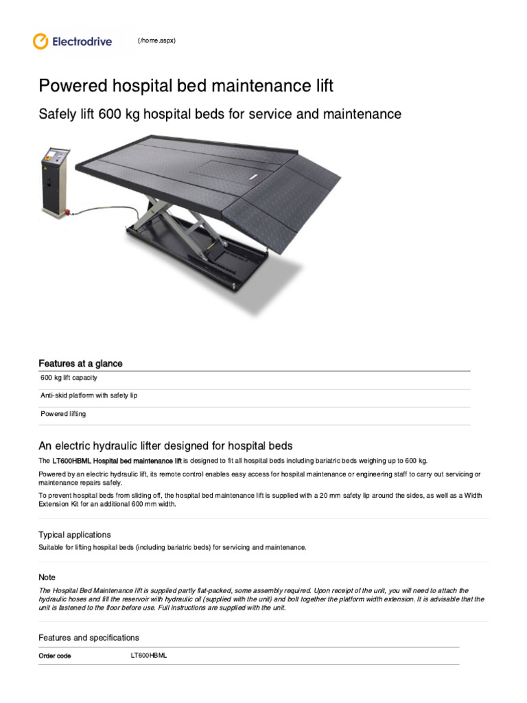 Hospital Bed Maintenance Lift 600kg Capacity Electrodrive PDF
