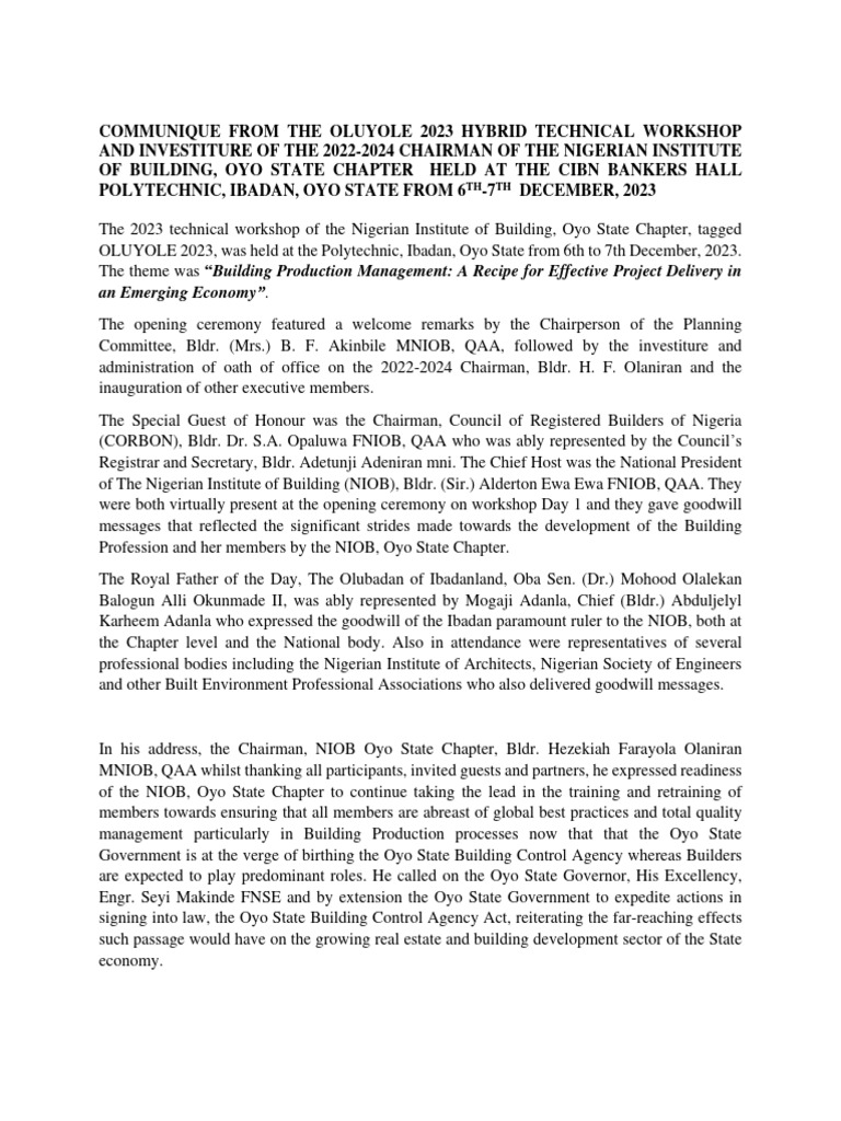 Communique From The Oyo Niob 2023 Workshop | PDF | Art