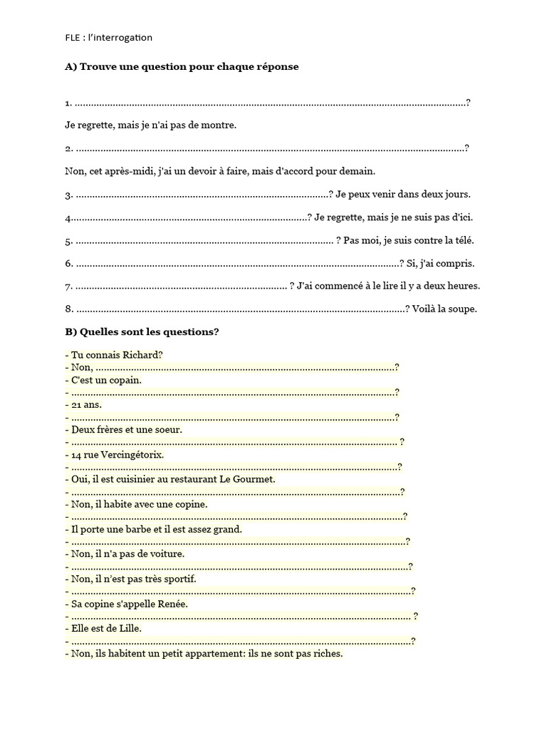 Interrogation en FLE : Questions et Réponses | PDF | Échecs | Théorie ...