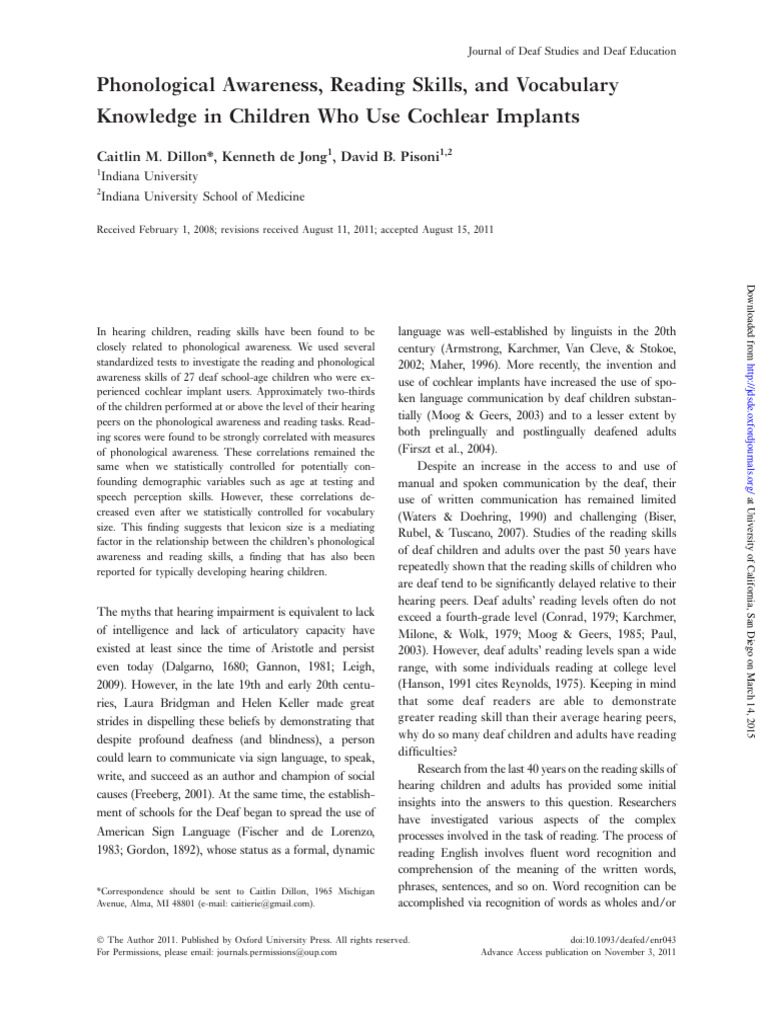 Dillon de jong y pisoni 2011 phonological awareness reading skills
