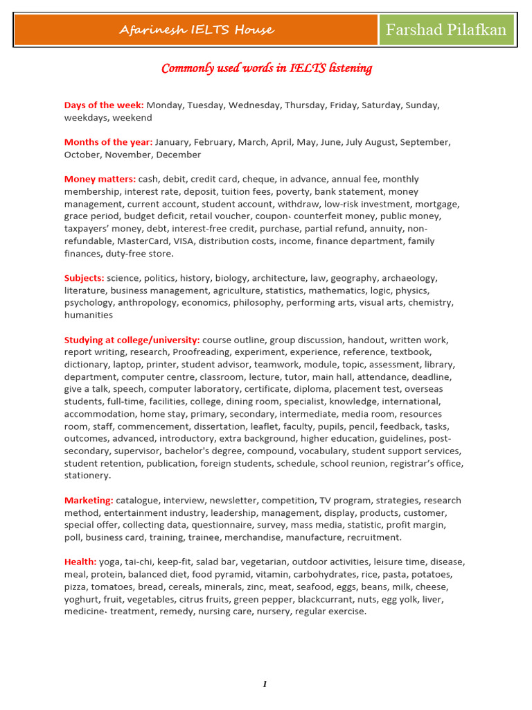IELTS Listening Vocabulary Guide | PDF | Money | Transaction Account