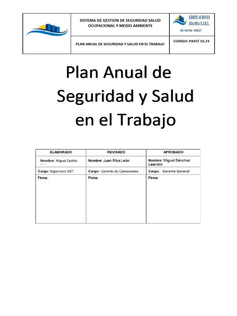Plan Anual de Seguridad y Salud Laboral | PDF | Seguridad y salud ...