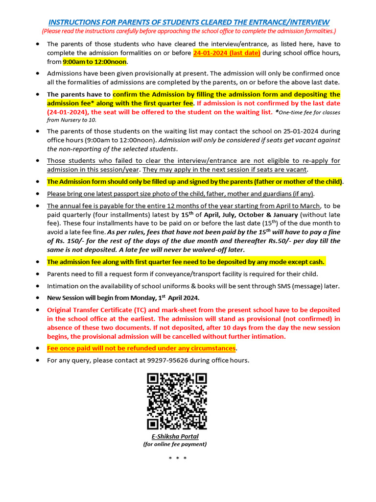 Admission Instructions for Parents 2024 | PDF