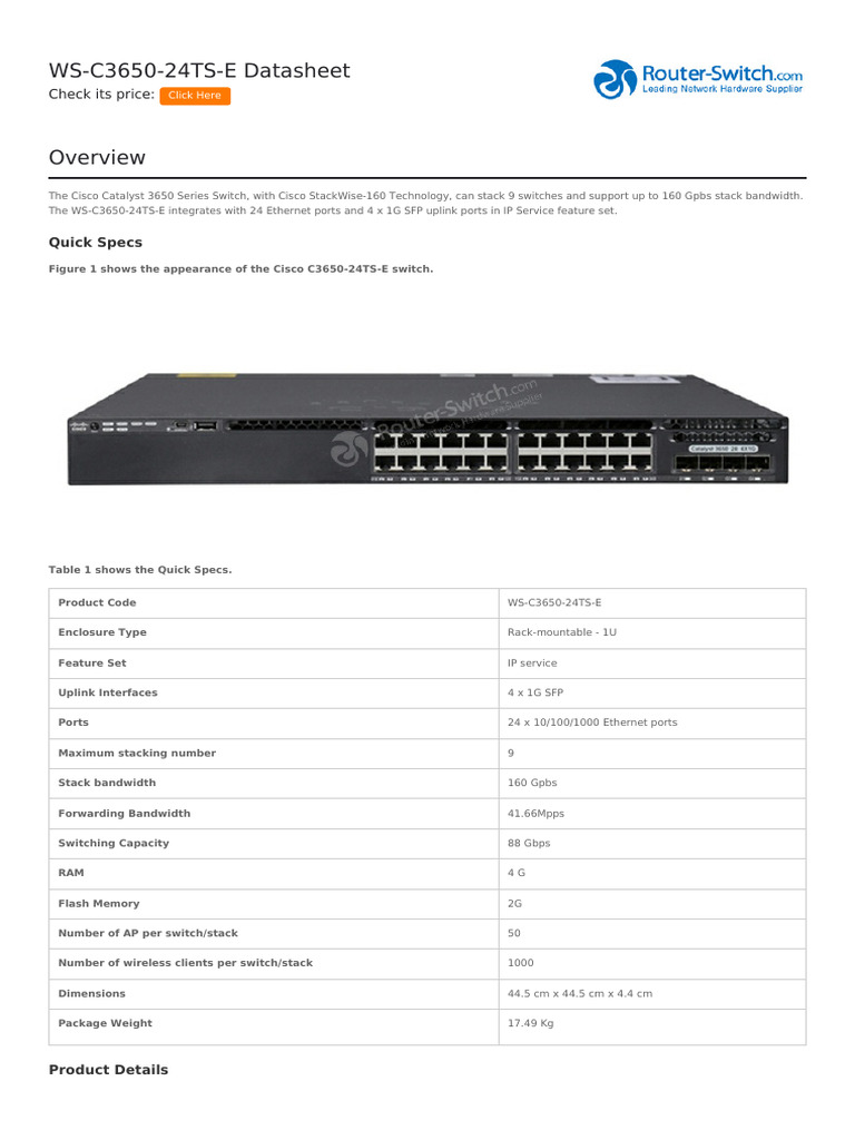 Ws c3650 24ts e Datasheet PDF Network Switch Ip Address