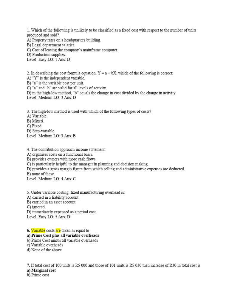 Learning Unit 1 1.2 Cost Estimation MCQ PDF Variable (Mathematics