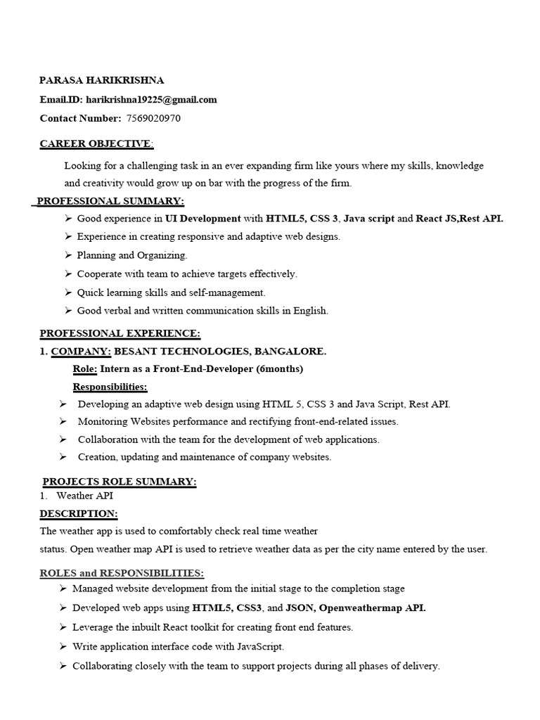 Front-End Developer Resume - Harikrishna | PDF | Java Script | Web Design