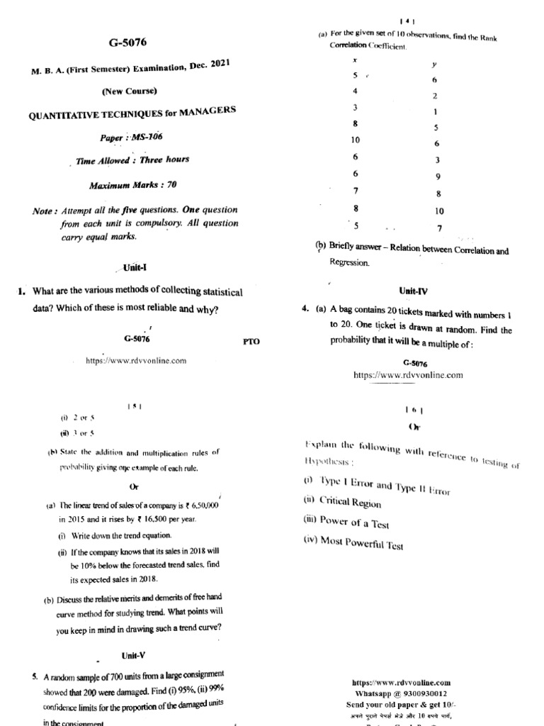 Mba 1 sem quantitative techniques for managers g 5076 dec 2021 pdf