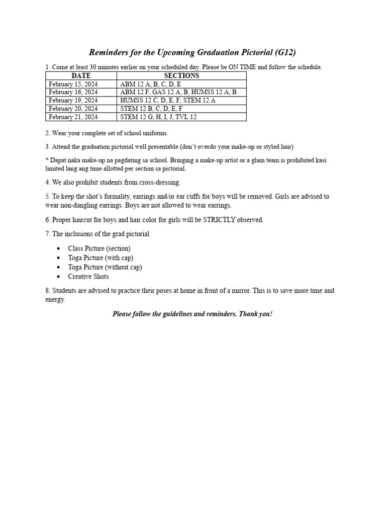 Reminders For The Upcoming Graduation Pictorial | PDF