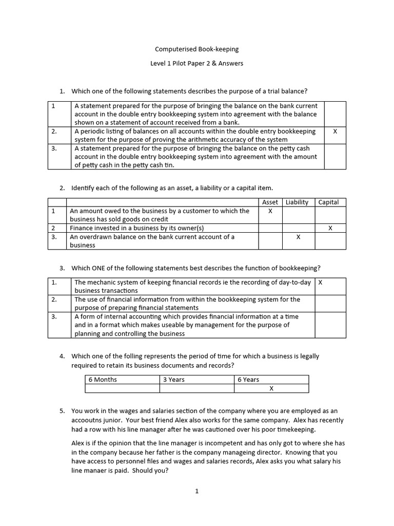 Bookkeeping level 1 knowledge test 2 answers pdf bookkeeping