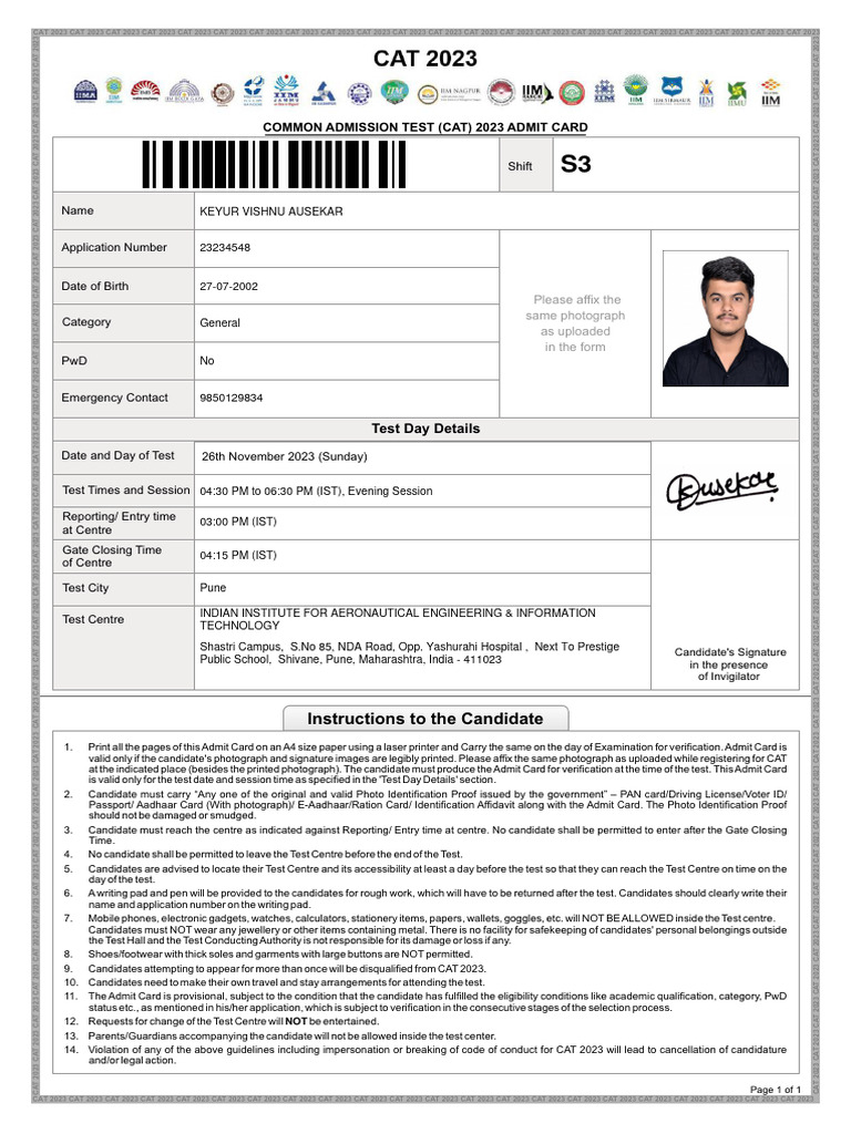 CAT 2023 Admit Card Instructions | PDF | Identity Document | Government ...