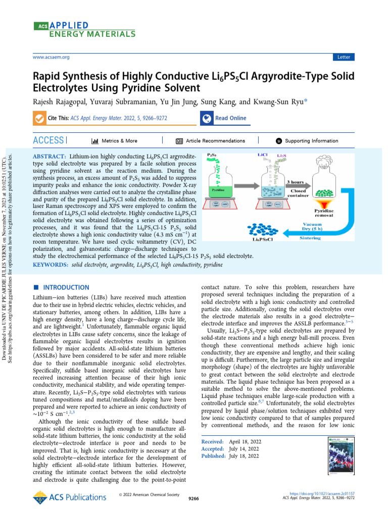 Rajagopal Et Al 2022 Rapid Synthesis of Highly Conductive Li6ps5cl ...