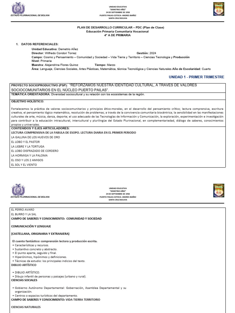 Modelo de PDC U.E. Demetrio Añez | PDF | Bolivia | Cognición