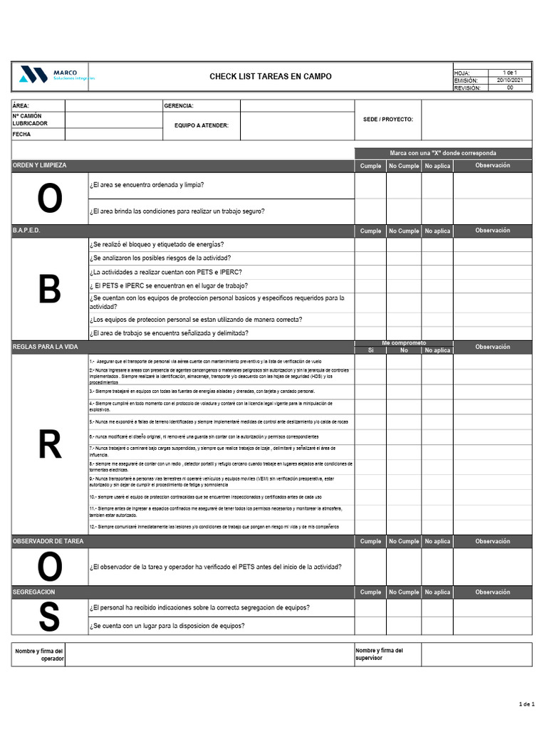 Check List Tareas en Campo | PDF