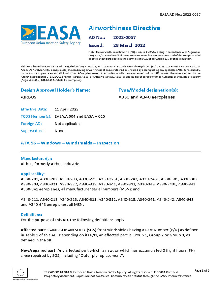 EASA AD 2022-0057: A330/A340 Windshield Inspection | PDF | Transport ...