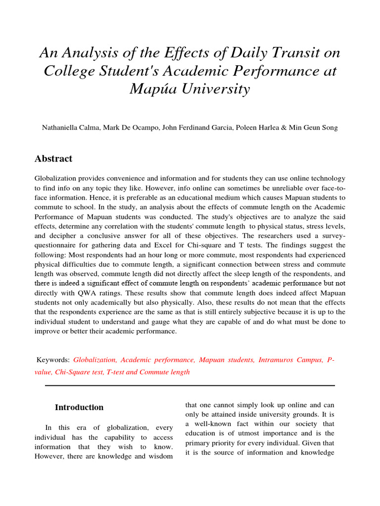 Impact of Commute on Mapúa Students' Grades | PDF | Statistics | Commuting