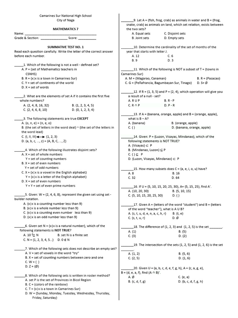 Mathematics 7 Summative Test 1 | PDF | Logic | Mathematical Logic