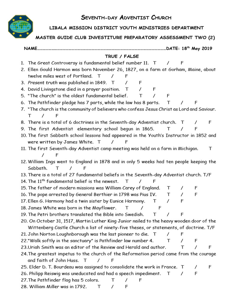 SDA Master Guide Assessment Overview | PDF | Seventh Day Adventist ...