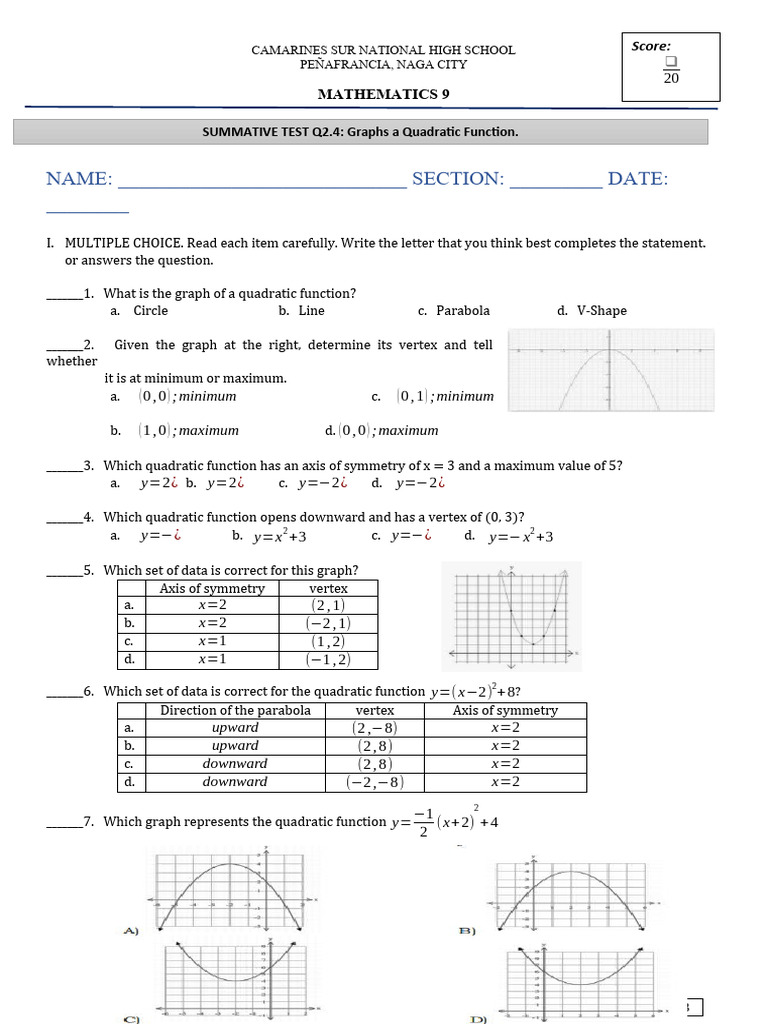 ST 2.4 The Graph of A Quadratic Function 1 | PDF | Function ...