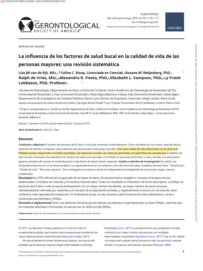 Salud bucal y calidad de vida en mayores | PDF | Odontología ...