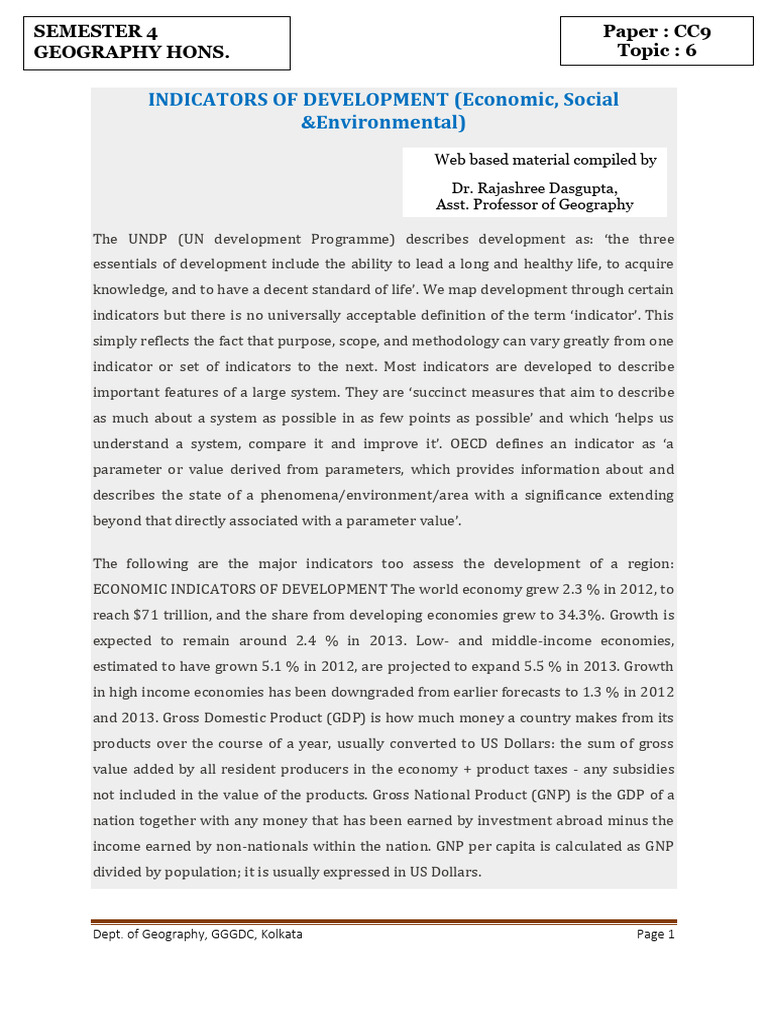 SEM4 GEOG HONS. CC9 TOPIC 6 Indicators of Development PDF Economic