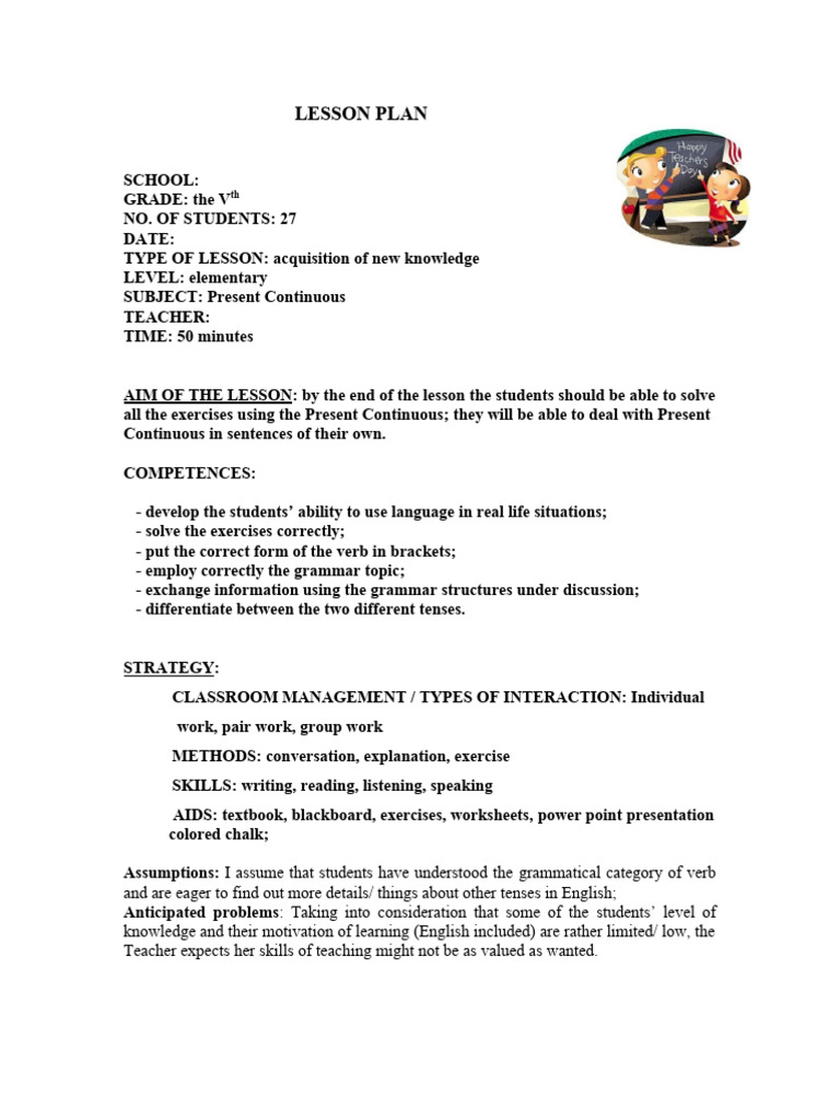 Present Continuous Lesson Plan | PDF | Lesson Plan | Teachers