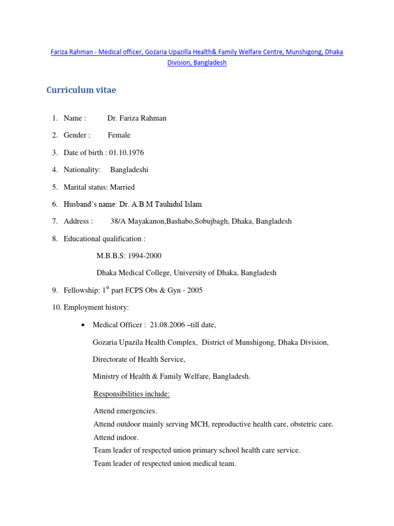 Fariza Rahman CV | PDF