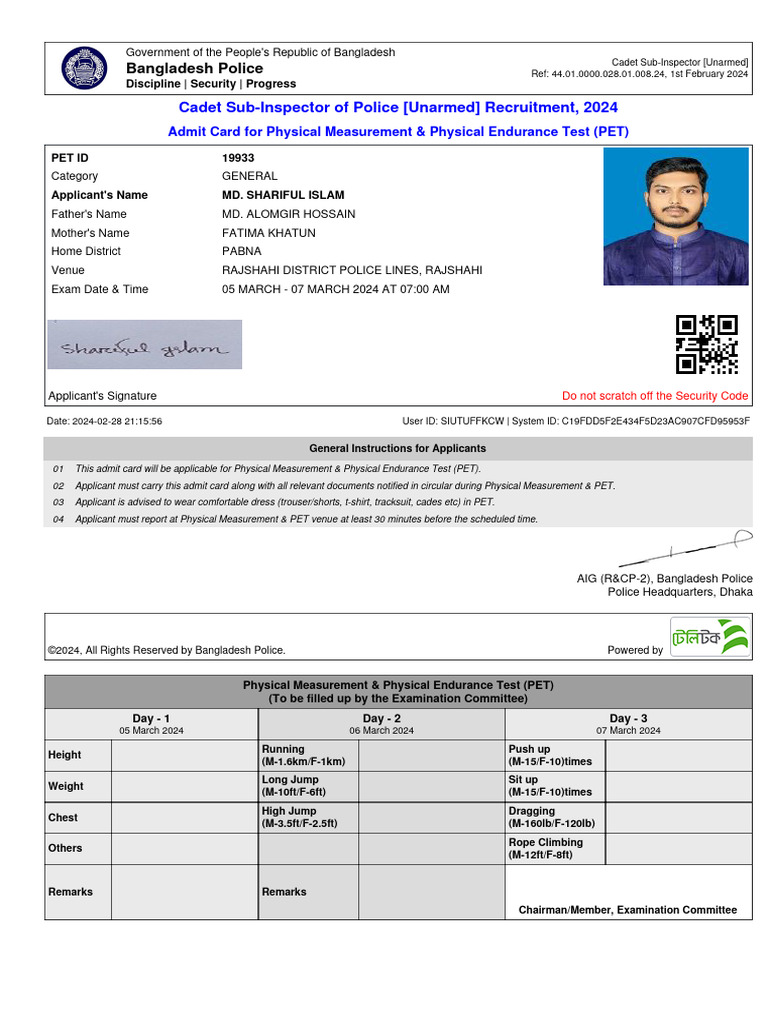 Sub Inspector Admit Card 2024 | PDF