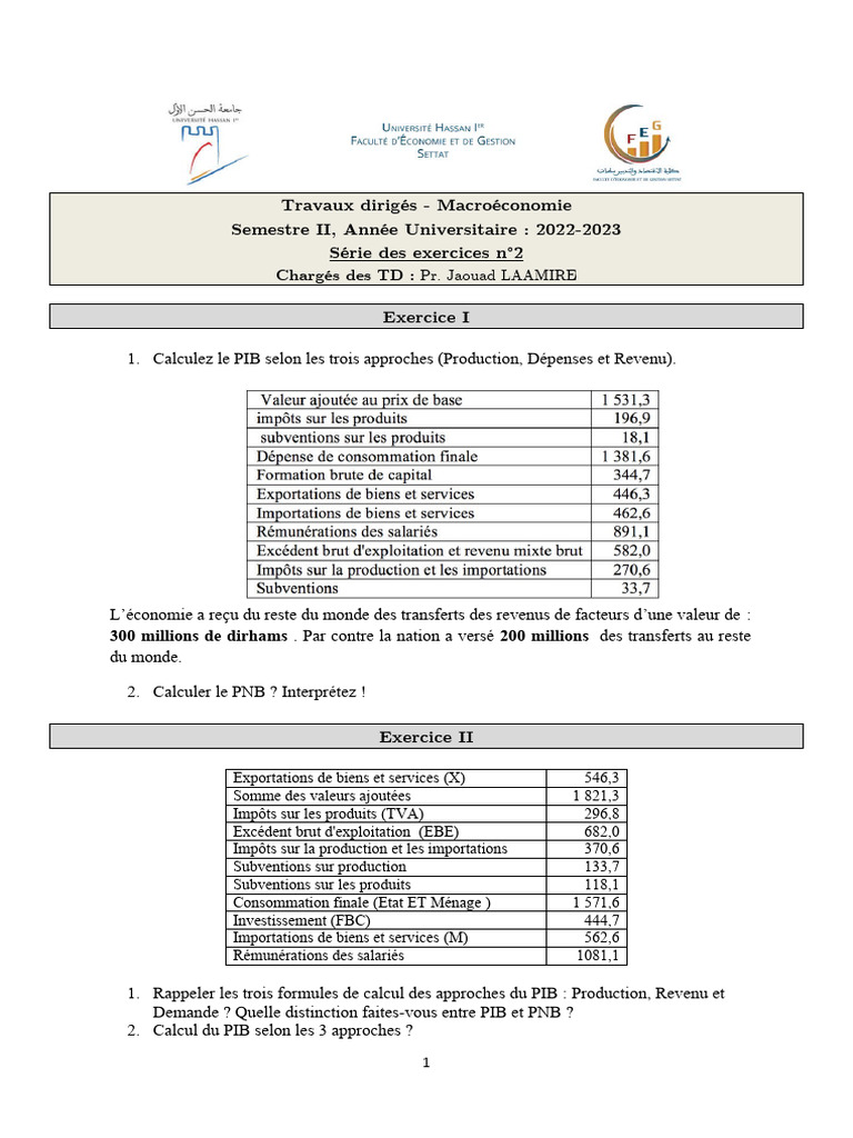 Approches du PIB et PNB : Exercices TD | PDF | Revenu brut | Produit ...