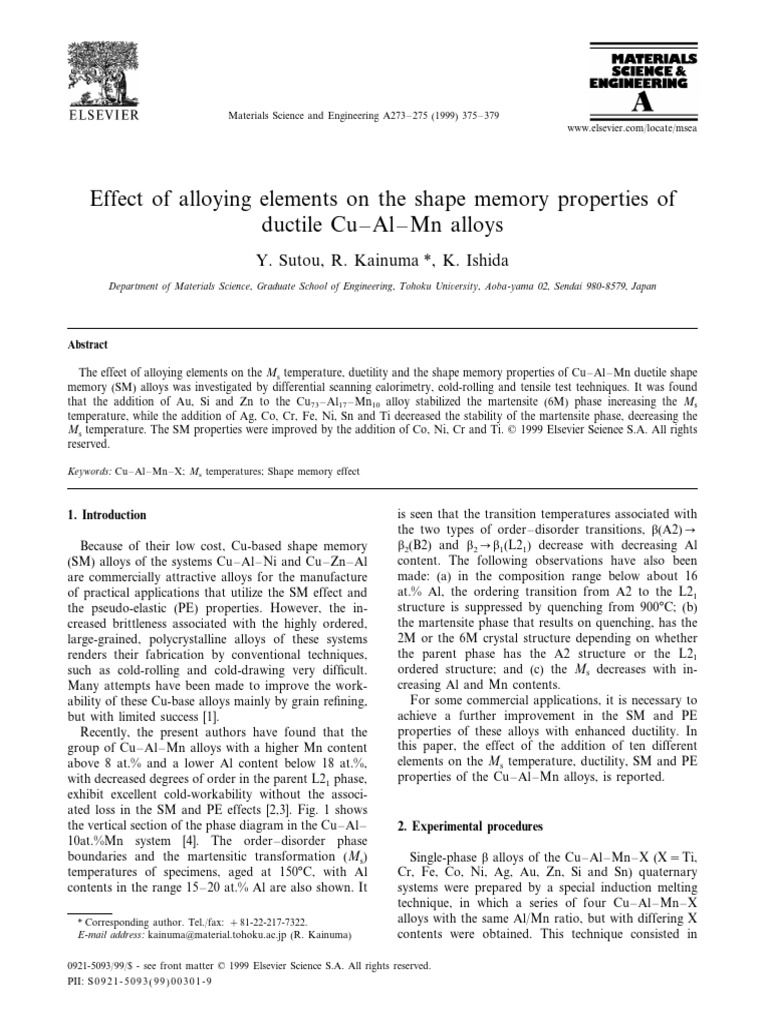 Alloying Effects on Cu-Al-Mn Shape Memory | PDF | Shape Memory Alloy ...