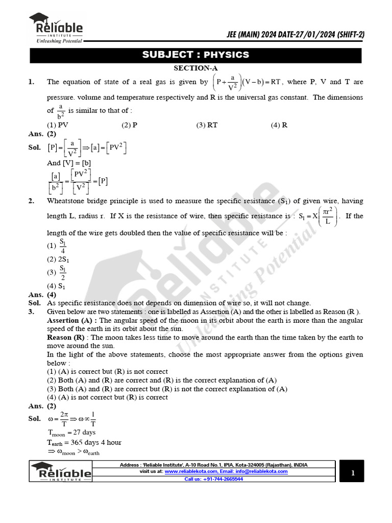 JEE Main 2024 Physics Exam Solutions | PDF