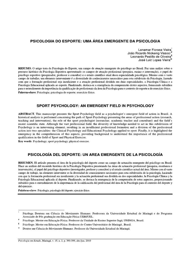 Psicologia Do Esporte Uma área Emergente Da Psicologia Pdf