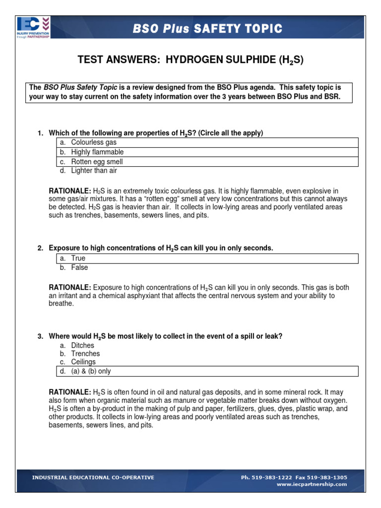 H₂S Safety Test Questions & Answers | PDF | Chemical Substances | Materials