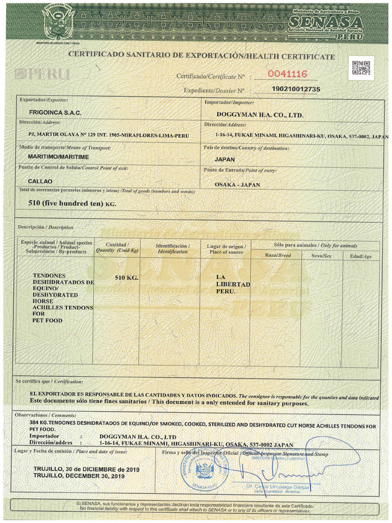 Certificado Sanitario De Exportacion De 510 Kg Pdf 