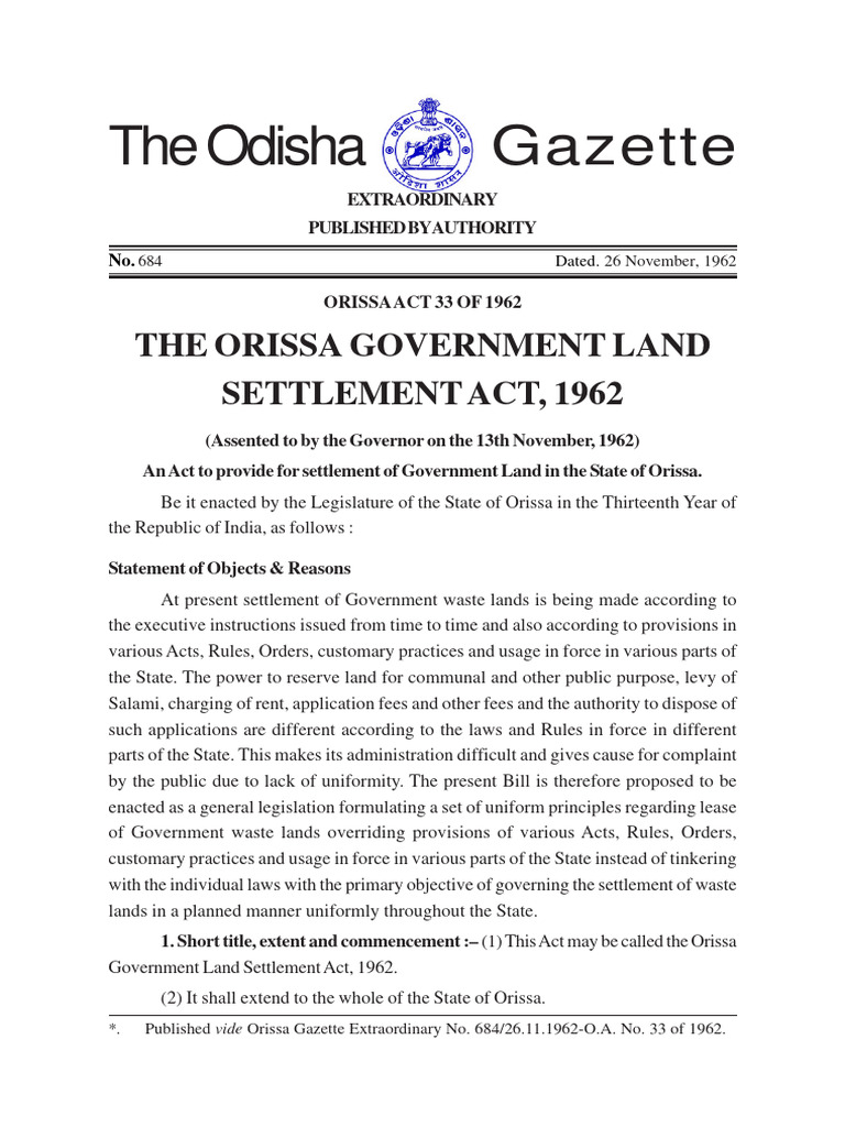 Orissa Government Land Settlement Act 1962 PDF Lease Government