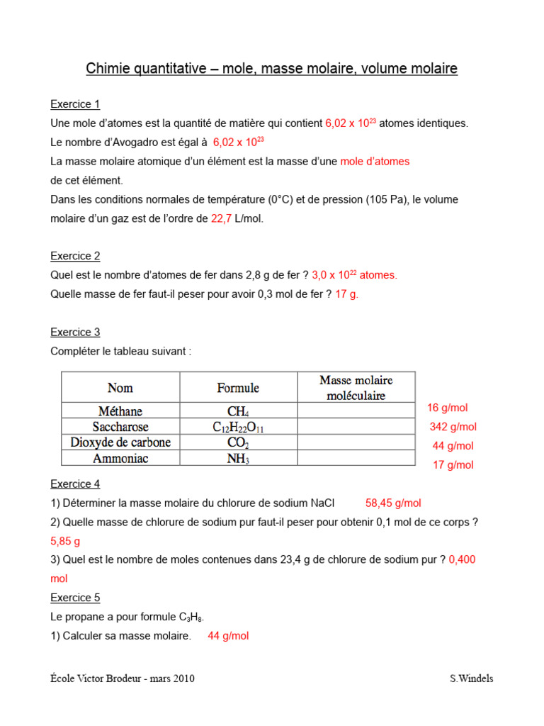Masse molaire et calculs en chimie PDF Concentration molaire — free download
