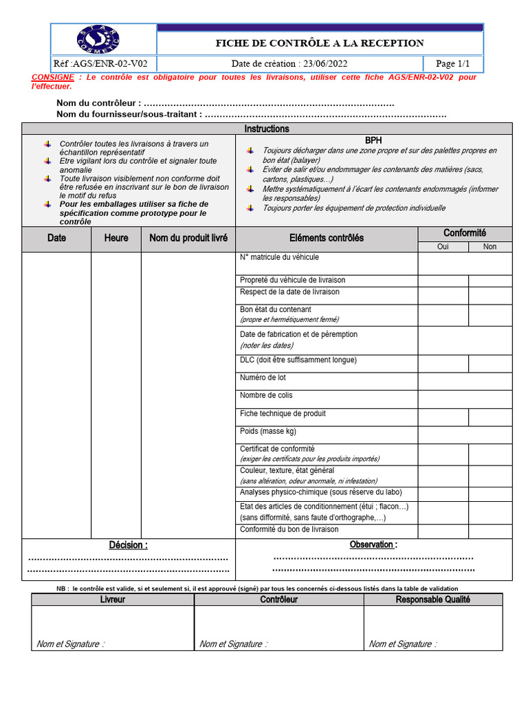 AGS ENR 02 V01 FICHE DE CONTROLE A LA RECEPTION v1 | PDF