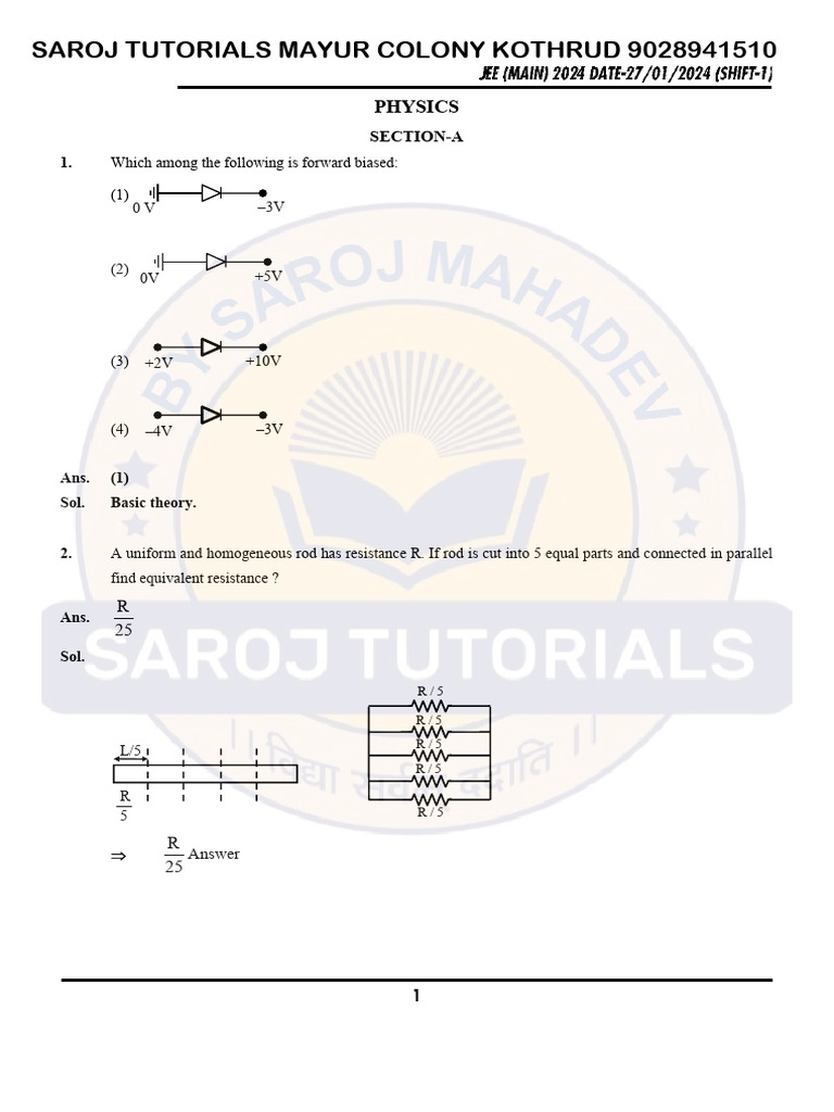 Jee Main 27 Jan 2024 Shift 1 Physics Memory Based Paper Solution - PHP ...