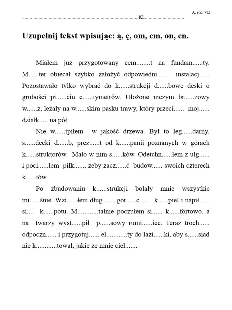 Dyktando Klasa 5 Rz ż Ch Hu ó Dyktando Ę, Ą KL - VII | PDF