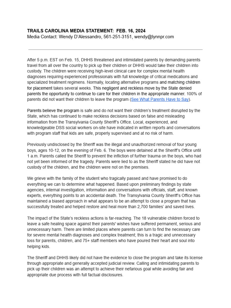 Carolina Media Statement on DHHS Actions | PDF | Health Care