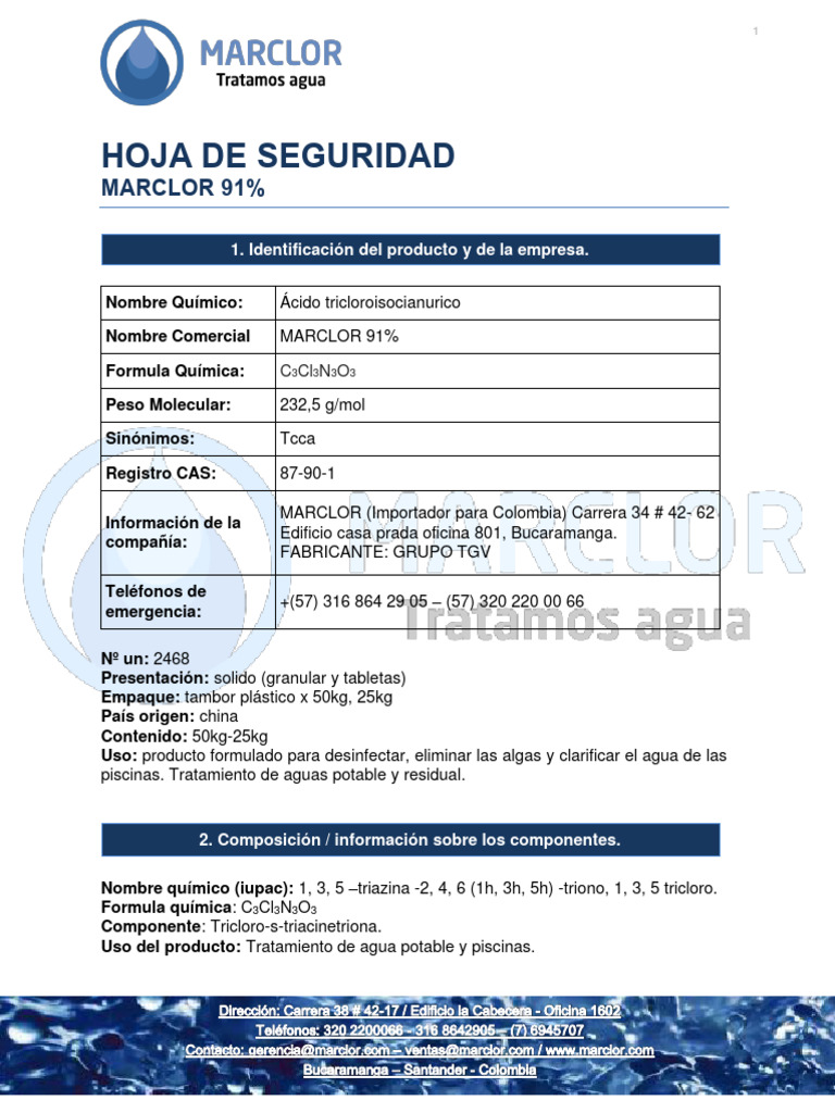 Hoja de Seguridad Ácido Tricloroisocianúrico | PDF | Agua | Cloro
